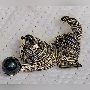 Silver Cat Brooch With A Hematite Ball - Unmarked